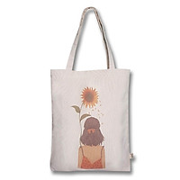 Túi tote thời trang Covi in hình cô gái và hoa hướng dương vải mộc canvas