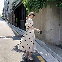 Đầm babydoll dáng dài chấm bi phối nơ xinh xắn