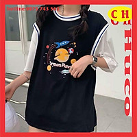 áo thun phối tay raplang cổ viền in vũ trụ 5D, áo phông hè chất cotton form thụng unisex freesize nam nữ mặc đôi nhóm