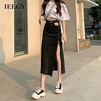 IELGY Xẻ Hông Cạp Cao Chân Váy Denim, Túi Chữ A Mỏng Mùa Hè, Váy Dài Hông