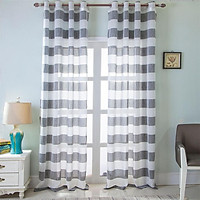 Retro Style Striped Printing Tulle Curtain for Living Room Bedroom Window Decor Punching Style