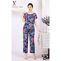 Bộ đồ nữ mặc nhà trung niên cho các bà, các mẹ - Bộ đồ ngủ lanh (tole) - Bộ mặc nhà trung niên vải lanh (tole) Vicci BGD.082 thiết kế áo cộc tay phối quần dài lưng thun in hoạ tiết