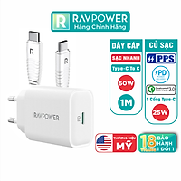 Combo Củ Sạc Nhanh 25W Type C RAVPower RP-PC156-W và Cáp Type C to C 60W Dài 1M RP-CB047-W Cho Điện Thoại Samsung, Vivo, Oppo, Xiaomi - Hàng Chính Hãng