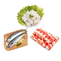 Combo: 500gr cồi sò điệp 60 - 80 + 500gr ba chỉ bò Mỹ cuộn + 1kg cá saba nhật