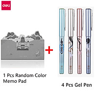 Deli 1 Pcs Memo Pads And 4 Pcs Gel Pen Set 120 Sheets Memo Sticker Journal Scrapbooking DIY Notepads Mini Memo Note 0.5mm Black Ink Neutral Pen Straight liquid Signature Pen Student Exam Pen Writing Kits
