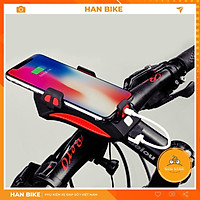 Đèn pin xe đạp thể thao HANBIKE siêu sáng chống nước kèm còi sạc usb có kẹp điện thoại tiện dụng có ảnh thật