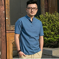 Áo sơ mi nam cộc tay cổ tầu chất thô, thời trang xuân hè 2021