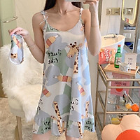 Váy Ngủ Hai Dây Có Đệm Ngực Kèm Bịt Mắt Đầm Ngủ Thun Sữa In Hoạ Tiết Mềm Mịn Đuôi Xếp Li TOPBRA
