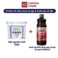 Combo Sữa chua Hy Lạp nguyên chất Greek Style Farmers Union Natural 1kg + Nước ép dâu hỗn hợp cô đặc Sunquick