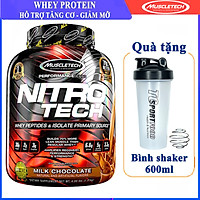 Combo Sữa tăng cơ cao cấp Whey Protein Nitro Tech của MuscleTech hương Chocolate hộp 40 lần dùng 4 LBS hỗ trợ tăng cơ, giảm cân, đốt mỡ cho người tập GYM & Bình lắc 600 ml (Màu Ngẫu Nhiên)