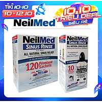 Combo Adult SinusCare : Bình Rửa Vệ Sinh Mũi Xoang Người Lớn NeilMed Sinus Rinse - SX Mỹ, Giải Pháp Tối Ưu hỗ trợ điều trị Viêm Xoang Cấp & Mãn. (Bình 10 gói và Hộp 120 gói muối rửa bổ sung)