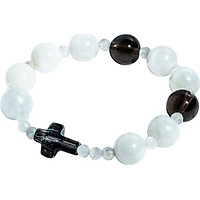 Vòng Chuỗi Mân Côi xà cừ trắng 10mm mix thạch anh khói và Thánh Giá pha lê TRI01 - VIETGEMSTONES
