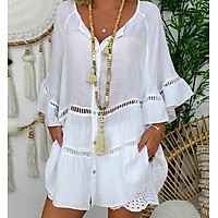 New Hot Sale Sunmmer Women Three-Quarter Sleeve Cotton and Linen Buttons Hollowed-out V-Neck Plus Size Shirt for Women