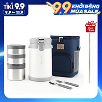 Bộ Hộp Cơm Giữ Nhiệt Lock&Lock Easy Carry 2L LHC8039 Có Túi (1 Hộp 720ml, 2 Hộp 420ml Kèm 1 Bộ Muỗng Và Nĩa) Kèm Ống Hút Inox 304