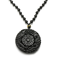 Natural Obsidian Carved Chinese Dragon Phoenix BaGua Lucky Pendant Necklace