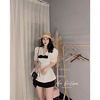 SET ÁO CỔ V KÈM NƠ MIX CHÂN VÁY NGẮN VẠT CHÉO 2 MÀU ÁO ĐEN - ÁO TRẮNG