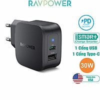 Củ Sạc Điện Thoại 30W 1 Cổng USB Và 1 Type-C PD 18W RAVPower RP-PC132 - Hàng Chính Hãng