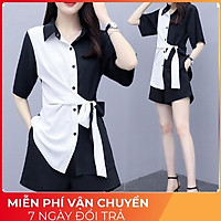Bộ Jumpsuit Nữ Áo Phối Màu Quần Đùi, Chất Đũi Áo Sơ Mi Dây Eo Kèm Quần Sooc Ngắn X040 - zeni69 store