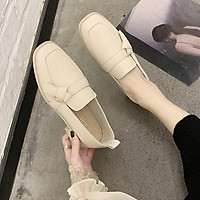 IELGY Square leather shoes women fashion British style retro wild thick heel soft leather casual