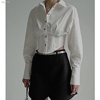 ✲In the early autumn of 2021, new fashion, personalized, niche design, fishbone waist closing short long sleeve shirt, women s shirt trend