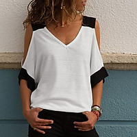 Women Summer Spliced T-Shirt Off Shoulder V Neck Half Sleeve Loose Casual Plus Size Blouse Top