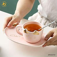 Bộ cốc sứ hình mèo SHOP10K Cốc sứ sáng tạo kèm muỗng và đĩa lót SP004751