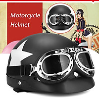 Matt Black Motorcycle Half Open Face Helmet Biker Scooter Visor UV Goggles Retro
