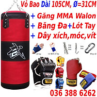 Combo Vỏ bao cát 3 lớp + Găng tay đấm bốc mma hở ngón + Băng đa cuốn tay - Tặng kèm dây xích + móc treo + Vít nở sắt