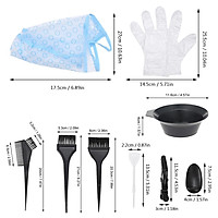 Dụng cụ nhuộm toc tại nhà gồm 2 bàn chải, lược nhuộm, bát trộn, 2 cặp kẹp tóc, một cặp bịt tai, một gói găng tay (L), mũ và móc nhuộm tóc được bao gồm