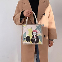 Túi Cói Vintage Đi Biển Phong Cách Hàn Quốc Hoạ Tiết Hoạt Hình Siêu Đáng Yêu