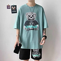 Set đồ bộ nam chất thun cotton co giản thoáng mát, thời trang đồ bộ thể thao nam, Set Bộ Quần Áo Thể Thao Nam Mùa hè Co Dãn, SÉT ĐỒ BỘ THỂ THAO MẶC NHÀ, đồ bộ mặc nhà in con gấu mặc thoải mái