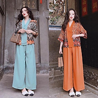 Sét bộ đồ Lam đi chùa áo phối họa tiết quần dài ống rộng Cao Cấp