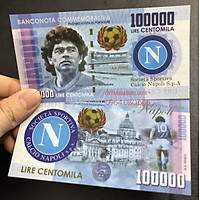 Tiền lưu niệm Diego Maradona polymer cao cấp 100000 lire, có bảo an phát sáng, kèm phơi bảo quản tiền