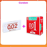 Bao Cao su Okamoto 0.01 P.U Siêu mỏng Truyền Nhiệt Nhanh Hộp 2 Cái + Bao cao su Sagami Orig inal 0.02 (Hộp 2) - Non latex - Siêu mỏng 0.02mm.