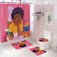 4Pcs/Set Shower Curtain with Non-Slip Rugs Toilet Lid Cover Bath Mat Set African Women Pattern Decoration