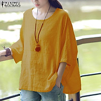 ZANZEA Crew Collar Three Quarter Sleeve Blusas Female Autumn Purple Leisure Irregular Stripe Cotton Stylish Long Blouse Top Yellow