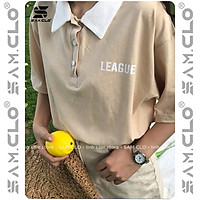 Áo thun Polo tay lỡ SAM CLO có cổ form rộng phông freesize dáng unisex mặc cặp, nhóm, lớp, đi học in chữ LEAGUE