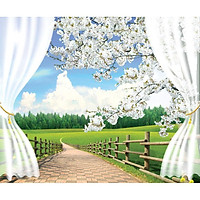 Tranh dán tường 3D con đường cửa sổ rèm - vải lụa phủ kim sa (Kích thước theo yêu cầu)