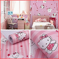 Giấy dán tường Hello Kitty sọc hồng khổ rộng 45cm có keo sẵn, Decal giấy dán tường màu hồng dễ thương