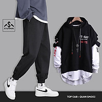 Bộ quần áo nam thể thao , Jogger kaki ống suông túi hộp phối Hoodie dài tay thời trang đường phố cá tính