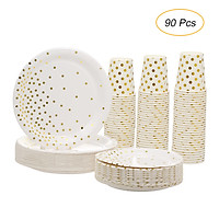 30pcs 9oz Paper Cups + 30pcs 7" Plates + 30pcs 9" Plates Set of 90pcs Disposable Drinkware & Dishware with Golden Polka