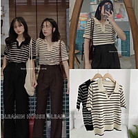 Áo len kẻ ngang cộc tay cổ đức ulzzang - Áo len nữ mỏng kẻ ngang cổ V cọc tay