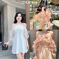Đầm cổ yếm cúp ngực phối bèo trễ vai CÓ SẴN MÚT NGỰC mặc dự tiệc dạo phố cực xinh
