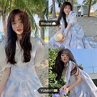 Đầm 2 dây phối xanh đuôi cá dáng rộng dễ thương Ulzzang
