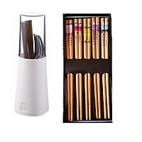 Combo 01 Set đũa tre Tanaka in họa tiết hoa văn tinh xảo - Nội địa Nhật Bản (05 đôi) + 01 Ống bảo quản đũa thìa có nắp đậy - Hàng nội địa Nhật Bản