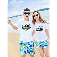 Combo 2 bộ đồ đôi đi biển áo in họa tiết Hello Summer xinh xắn Chất vải đẹp
