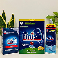 Combo viên rửa bát Finish 120 viên + muối rửa bát Finish 1,5kg + Nước làm bóng bát finish 750ml