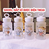 Bình đựng nước nhựa hoạt hình dễ thương 500ml, 4 kiểu, bình nước học sinh