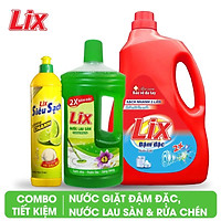 Combo Nước giặt Lix đậm đặc hương hoa 2Kg + Nước lau sàn Lix hương nắng hạ 1 lít + Nước rửa chén Lix siêu sạch hương chanh 800g