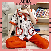 Đồ Bộ Mặc Nhà Pyjama Lụa Kate In 3D Quần Dài Tay Ngắn Cổ Bèo Họa Tiết Bò Sữa Freesize Dưới 58Kg - PKDB45